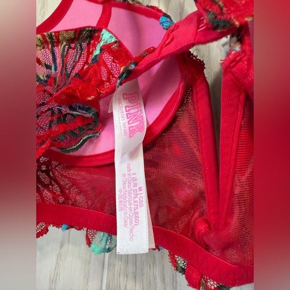 Pink Victoria's Secret Red Tropical Print Lace Date Bra No Underwire Size M LNC - Picture 3 of 4